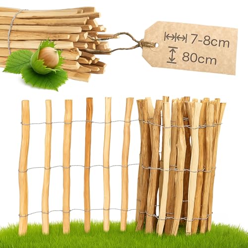 PINEEA Staketenzaun 80 cm Hoch - Holzzaun aus Haselnuss - Wetterbeständiger Gartenzaun 5M Lang - Kastanienzaun für Dekoration und Pflanzenschutz - Lattenabstand 7-8 cm