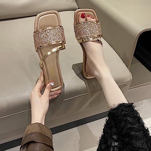 Women's Rhinestones Square Toe Open Toe Flat Slippers,Slip On Flat Sandals In Sparkling Crystals,Fashionable Sparkling Glitter Ankle Strap Low Heel Casual Beach Flip Flops (9,Gold) #TOP5