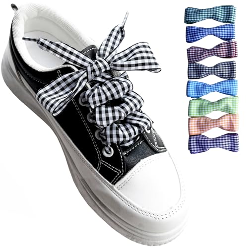 Goodlace 1 Inch Wide Fantastic Flat Checkered Shoelaces Fabric Ribbon Plaid Shoe Laces for Sneaker Sport Shoes 47/55 Inch (No.24 Black 47In/120cm)
