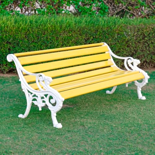 Image of BRISHI 3 Seater Cast Iron FRP Garden Bench for Indoor & Outdoor Park /Patio /Living Room /Terrace /Balcony (Yellow+ White)