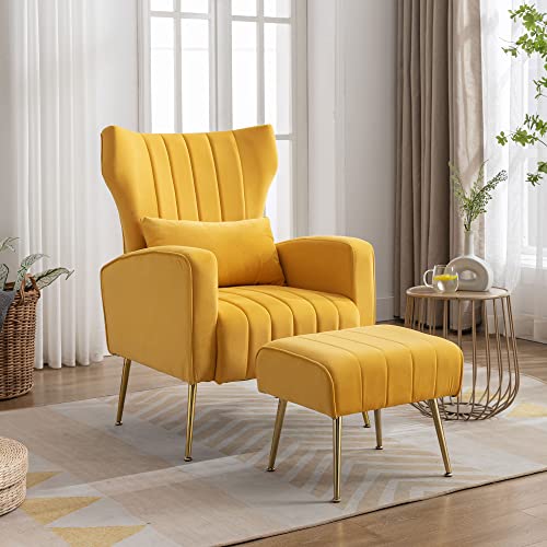 DM Furniture Velvet Accent Chair with Ottoman, Modern Wingback Arm