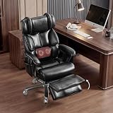 DEKKETO Bürostuhl Ergonomisch bis 225kg, Chefsessel mit Massagefunktion, Schreibtischstuhl Schwerlaststuhl mit Fußstütze, 3 Austauschbaren Kissen, PU-Leder Drehstuhl für Home Office, Schwarz