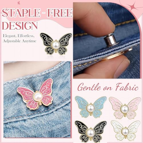 Image of 4 Pairs Jeans Tightening Clips Buttons, Butterfly Jean Adjustable Pins, Waist Tightener Jeans Adjustable Buttons, Instant Cloth Clips Decorative Buckles for Jeans, Skirt