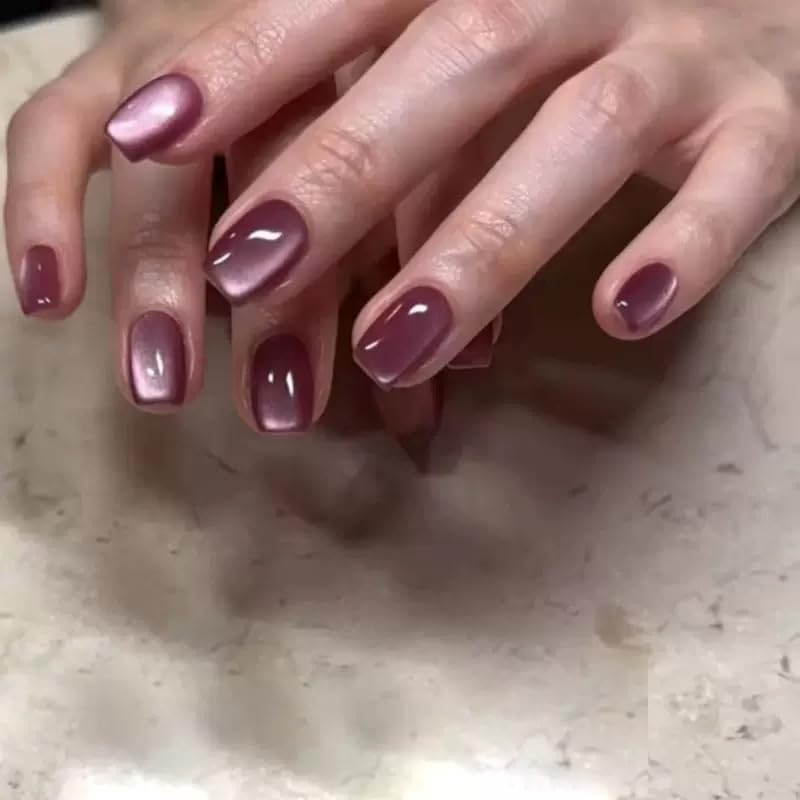 Maroon Glossy Cat Eye Press-On Nails – Short Square Elegant Artificial Nails Set-image-12
