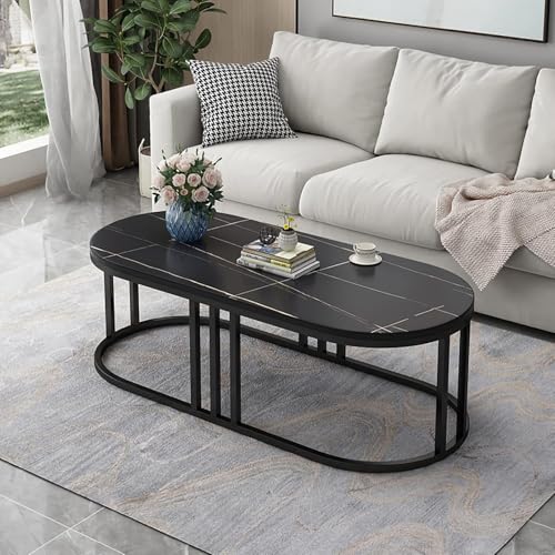 Image of Modern Oval Marble Finish Coffee Table with Metal Frame, Luxury Center Table for Living Room, Contemporary Tea Table for Home, Office Reception Table, Space Saving (Full Black)