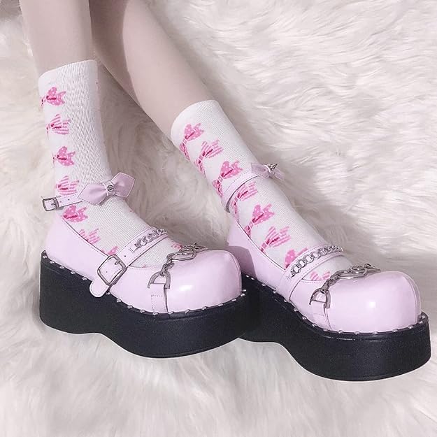 Image of Women's Platform Mary Janes Heart Cat Buckle Rivets Ankle Lolita Gothic Princess Platform Pumps Patent Leather Thorn Vintage Traditional Embroidery Upper Dress Shoes