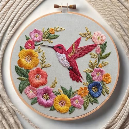Image of Huacan Embroidery Kit for Beginners Adults Includes Stamped Flower Pattern, Hoop, Color Threads,Tools,Easy to Follow Instruction