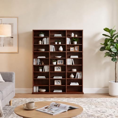 Image of Garvee 9 Tier Tall CD Display Cabinet, 27-Compartment Media Tower, Walnut