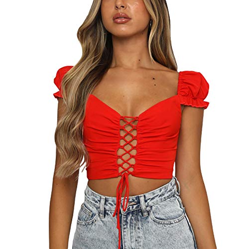 Dazzerake Top Corto da Donna con Lacci Manica Corta a Sbuffo in Tinta Unita Canotte Vintage Sexy con Fasciatura Push-up Maglietta Sexy Senza Schienale Canotta Aderente con Ritaglio (Rosso, M)