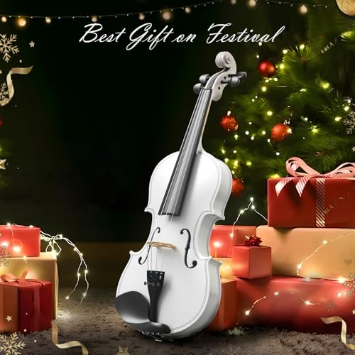 Image of 4 /4 Full Size Beginner Violin, Acoustic Fiddle Set for Adults, Teens, and Students (Age 12+), with Case, Bow, Bridge, and Rosin (White)