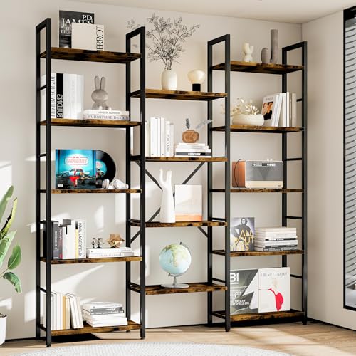 Shintenchi Triple Column 5 Tier Bookshelf, Industrial Large Bookcase Display Shelves, Large Etagere Bookshelf,Wide Book Shelf Book Case for Home & Office, Rustic Brown - Image 3
