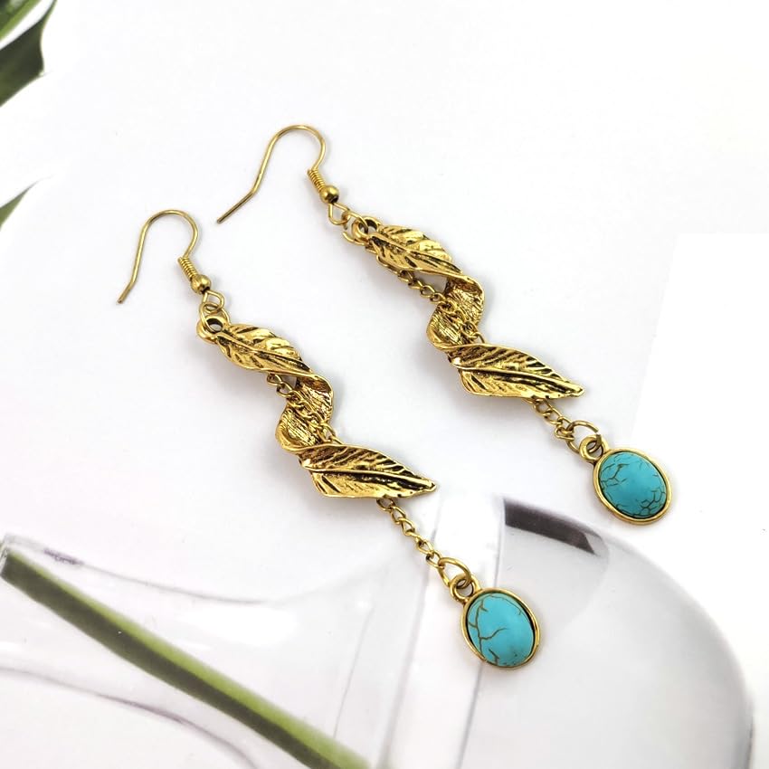 Turquoise Feather Earrings For Men Women Dangle Drop Cute Aesthetic Boho Goth Vintage Feather Leaf Earrings Indian Native Feather Turquoise Earrings Dangling Jewelry Gifts4