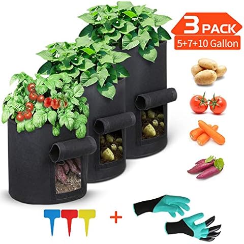 GOCHANGE Potato Grow Bags, 3-Pack 5+7+10 Gallon Potato Grow Bags, Vegetable Grow Bags with Window and Gloves for Potatoes, Tomatoes, Carrots, Onion Greens (2023 Upgrade) Cover