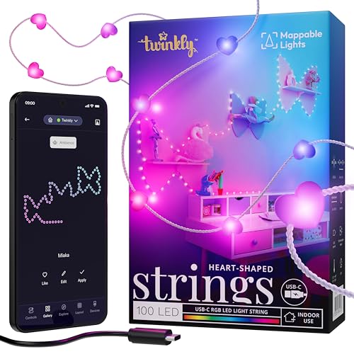 Twinkly Strings USB-C Heart 100 LED, Heart-Shaped LED Light String, Christmas Lights, RGB Multicolor LED Lights, Mappable LEDs, Compatible with Alexa, Google Home, USB-C Power, Transparent Wire, 6m