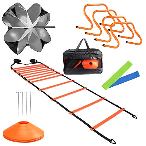 TOCO FREIDO Speed&Agility Training Set â€“ 20ft Agility Ladder Set with 12 Rungs, 4 Adjustable Training Hurdle, 12 Disc Cones, 2 Resistance Bands, 1 Running Parachute and Footwork Drills Equipment
