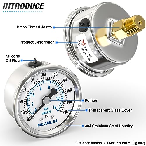 meanlin measure 0200psi dry pressure gauge stainless steel 1434 npt 234 face dial waterproof for air compressor air regulator water filter center back mount with 1234 npt and 3834 npt hex bushing