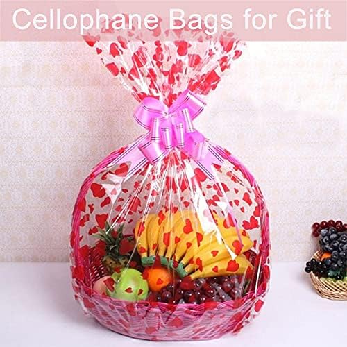 20 Pack Cellophane Basket Bags with Pull Bow Set Christmas Clear Hamper Wrap Bags for Gifts Packaging Hamper Making (Heart,50 * 70 cm)