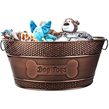 BREKX Indestructible Metal Dog Toy Bin - Copper Galvanized Storage Bin with Handles, Pet Storage Organizer - Ropes, Blankets, Leashes, Bone Design Pet Toy Box 15-Quart