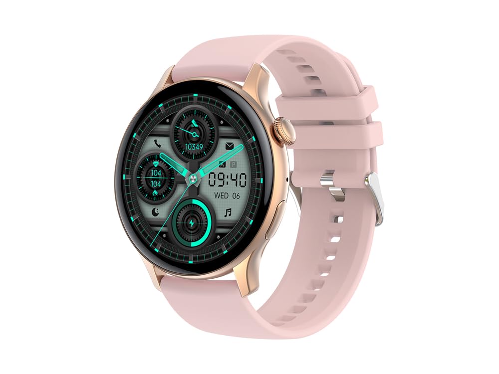 EKO Promity Smartwatch with pink strap and rose gold case, showing a digital watch face