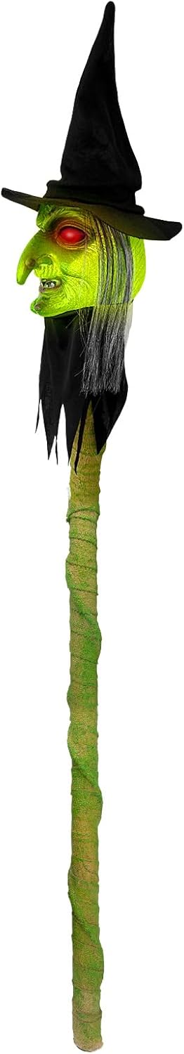 Halloween Wizard Cane, Lighted Witch Stake with Sound Scary Evil Horror Face Zombie Magic Walking Cane Prop Stick Accessory for Halloween Party Dress Up, Pretend Play Costume Green