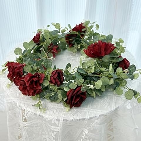 H&S BRIDAL Artificial Flowers Garland， 6.5Ft Fake Flower Dahlia Rose Floral Swag Eucalyptus Greenery Vine for Wedding Arch， Table Runner Centerpieces Backdrop Room Wall Hanging Plant Decor Cover