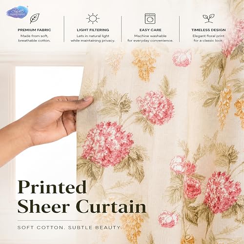 Image of Clasiko Block Print Sheer Window Curtains; 40% Light Filtering Linen Textured Curtains with Eyelets; Set of 2; 54x60 Inches / 5 Feet; Amber Bloom