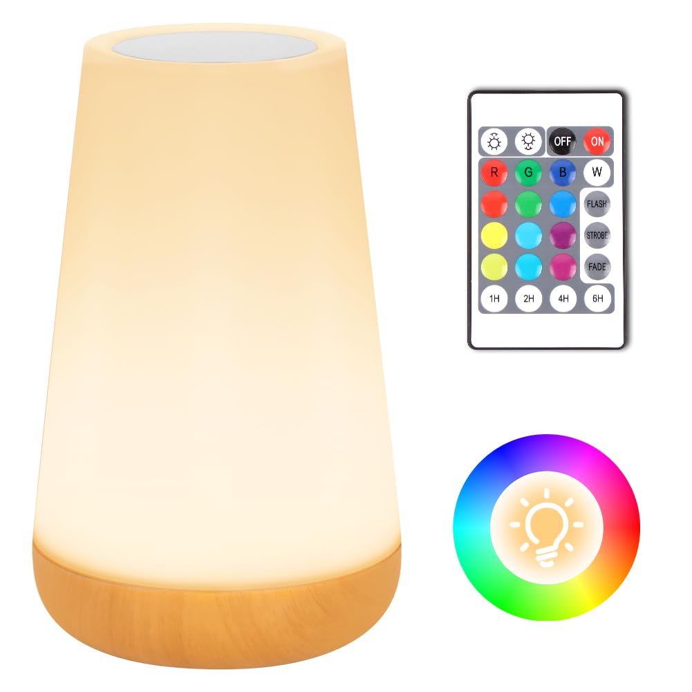 Adiwo Nachttischlampe Touch Dimmbar, LED Nachttischlampe mit Fernbedienung, Nachtlampe mit 4 Modi 13 Farben, USB Aufladbar, Timing Funktion, Holzmaserung Nachtlicht