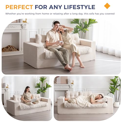 MAXYOYO 3 Seater Couch for Living Room, Boneless Couch with Tufted Cushion & Backrest, Upholstered Floor Sofa with Armrests, Sofa in A Box, No Assembly Required, Beige