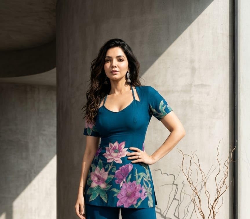 Image of Women's Floral Laila Cut Short Kurti Cotton V-Neck with Lining, Lightweight Short Sleeve Tunic, Breathable, Casual & Office Wear
