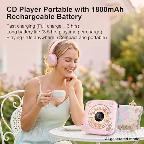 Image of Gueray Portable CD Player Bluetooth: CD Players for Home Rechargeable Desktop Wall Portable CD Player with Bluetooth & Dual Speakers 1800mAh Boombox FM Radio MP3 Music Player (Pink)