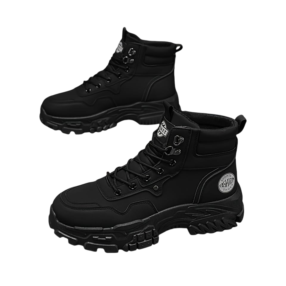 High-Top PU Leather Hiking Boots Men's Style, Street Sports Black Motorcycle Work Boots, Casual Round Toe Lace-Up Shoes, Universal Fit for Spring/Fall, All-Season