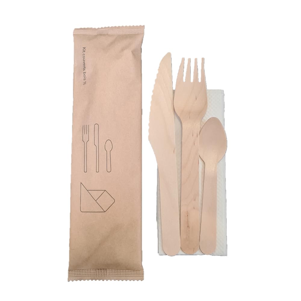 250 kits de couverts 4 en 1 jetables en bois fourchettes + couteaux + cuillères +serviettes