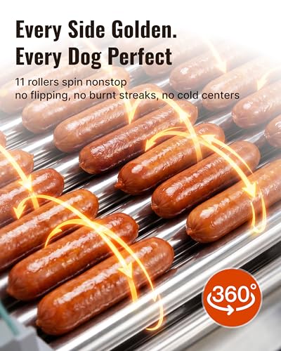 Image of SYBO Commercial Hot Dog Roller - 30 Hot Dogs, 11 Non-Stick Rollers, 1430W, Stainless Steel, Removable Drip Tray & Glass Cover - Dual Temp Control, 360 Rotation for Party & Snack Bar, ETL Certified
