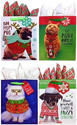 Set of Christmas Dog and Cats Gift Bags and Tissue Paper