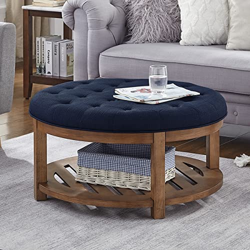 24KF Large Round Upholstered Tufted Linen Ottoman Coffee Table, Large Footrest Ottoman with Wood...