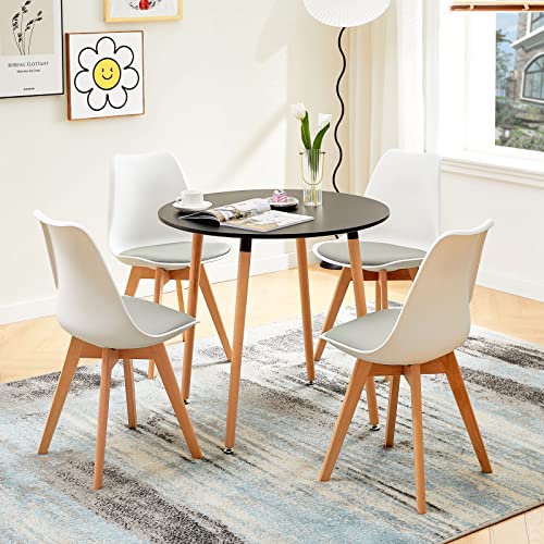 EGGREE 4er Set Esszimmerstühle mit Massivholz Buche Bein SGS Geprüfter, Skandinavisch Design Gepolsterter aus PU-Leder Küchenstuhl Essstühle, Weiß & Grau