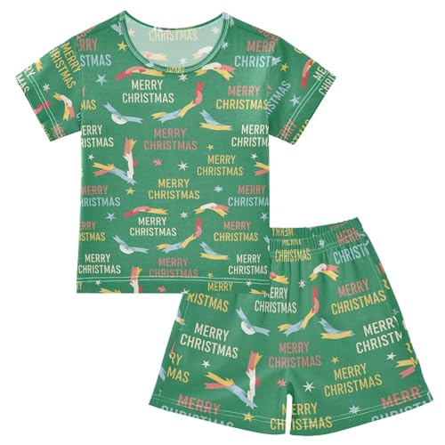 Pajama Short Sets Merry Christmas Pattern on Green Soft Cotton Summer Sleepwear 2 Piece PJS Size 5-14T