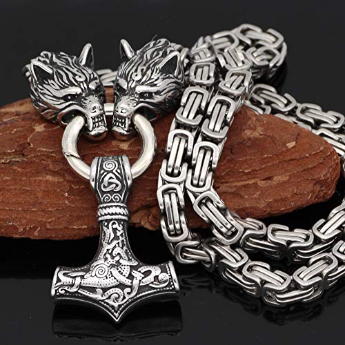 GuoShuang Wolf Head with Thor Mjolnir Pendant Necklace Stainless Steel - King Chain2