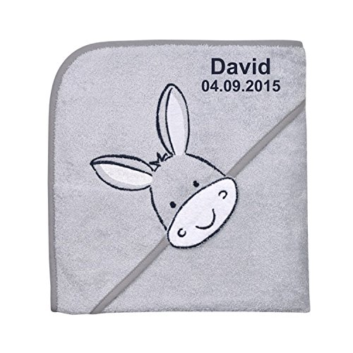 Wolimbo Kapuzenbadetuch mit Ihrem Wunsch-Namen und Tierkopf-Motiv - Format: 100x100cm - Motiv Esel grau - Das individuelle und kuschelig weiche Badehandtuch für Mädchen und Jungs Cover