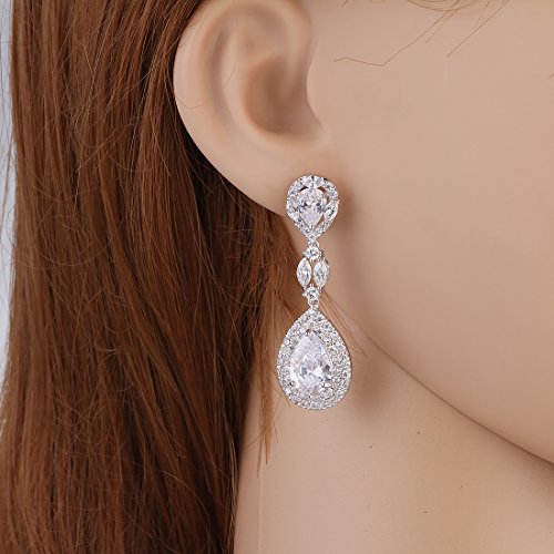 Wordless Love Genuine Rhodium Plated Cubic Zirconia Teardrop Bride Wedding Dangle Pierced Earrings Clear #TOP1