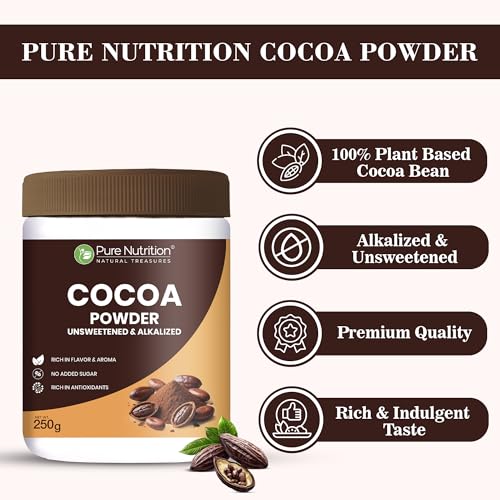 Image of Pure Nutrition Cocoa Powder Without Sugar | Cacao Powder Unsweetend | Coco Powders | Cocoa Powder for Cake, Beverages & Desserts |100% Plant Based & Alkalized | Rich Flavor & Aroma | No Added Sugar - 250g