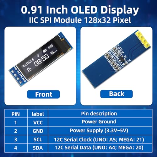 Image of 5 Pcs 0.91 Inch I2C OLED Display Module, 128x32 Pixel SSD1306 Luminous OLED Screen Board Compatible with Arduino Raspberry Pi ESP32 (White)