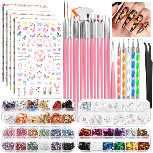 FANDAMEI Nail Art Brushes Set, Nail Art Kit, Nail Design Kit, Nail Art Dotting Pens, Nail Stickers,...