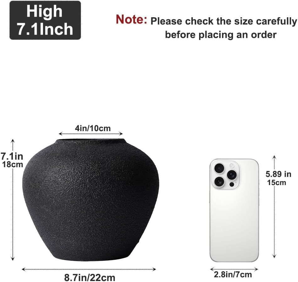 Rustic Ceramic Vase, 7.1" Black Farmhouse Tall Vase, Vintage Vases, Modern Terracotta Decor Vases for Home Decor, Living Room, Entryway, Table Centerpieces, Shelf, Kitchen, Housewarming Gifts - Image 2