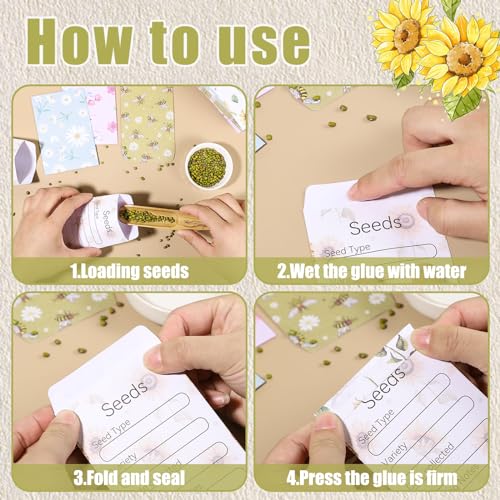 Image of 160 Seed Envelopes, Self-Sealing Seed Storage Packets, 3.15 x 4.72 In | 4 Floral Designs, Labeled Front For Sorting, Easy-Fill Opening, Saliva-Gum Seal, For Flower And Vegetable Seeds