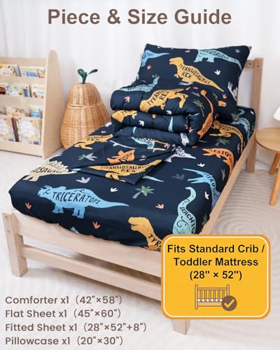 Image of TinyPalsa Toddler Bedding Set, 4-Piece Green Dionosaur Comforter Set for Girls and Boys, Breathable Crib Bedding Includes Ultra-Soft Quilt, Flat and Fitted Sheets, and Reversible Pillowcase