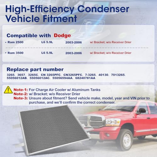 Image of Air Conditioning A /C Condenser Compatible with Dodge Ram 2500, Ram 3500, 2003-2006, L6 5.9L # 3265, 55056012AC, 55056594AA, 68240781AA