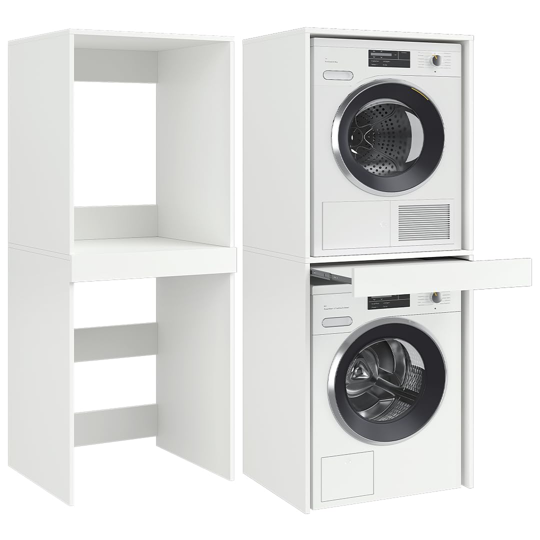 Bellamio Vist Waschmaschine Trockner Schrank – Waschmaschinenschrank mit ausziehbarer Ablagefläche – Waschturm Hochschrank 187x65x66cm mit Wandanschluss – Schrank kompatibel mit Standardgeräten – Weiß