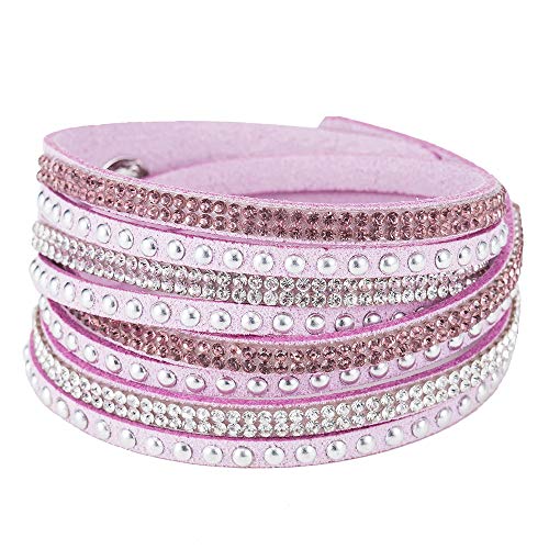 Bling Bling Rhinestone Wrap Leather Bracelet Multilayer Wristband with Snap Buttons(Pink)