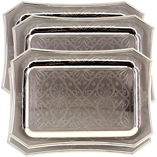 Maro Megastore - Bandeja para servir (4 unidades, 16,3 x 11,8 pulgadas, octogonal, cromada, diseño elegante, con bordes grabados, para fiestas, cumpleaños, bodas, postres, buffet, plato de vino